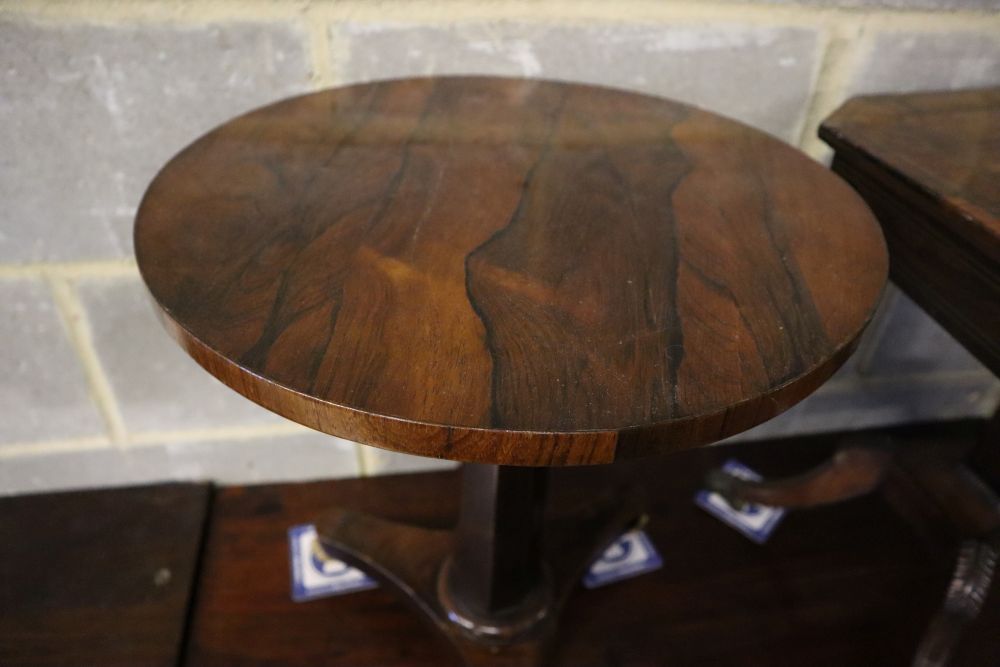 A Regency rosewood work table (cut down) together with a Victorian circular rosewood occasional table, 42cm diameter